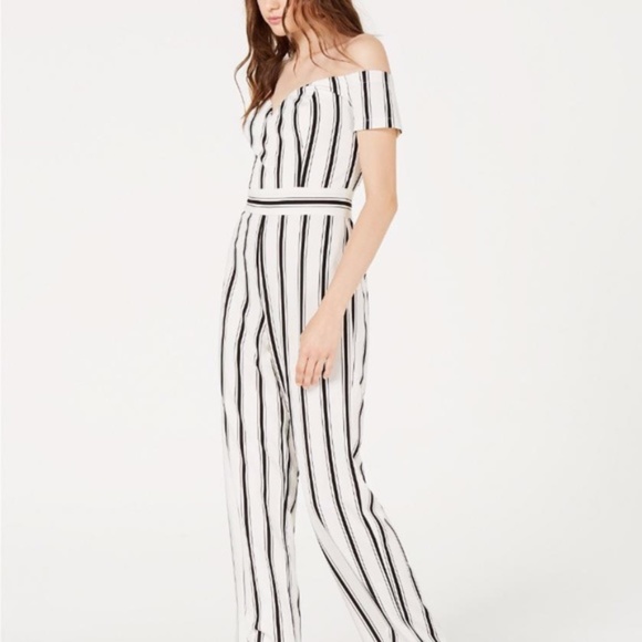 Teeze Me Juniors Off-The-Shoulder Striped Jumpsuit - Picture 1 of 8